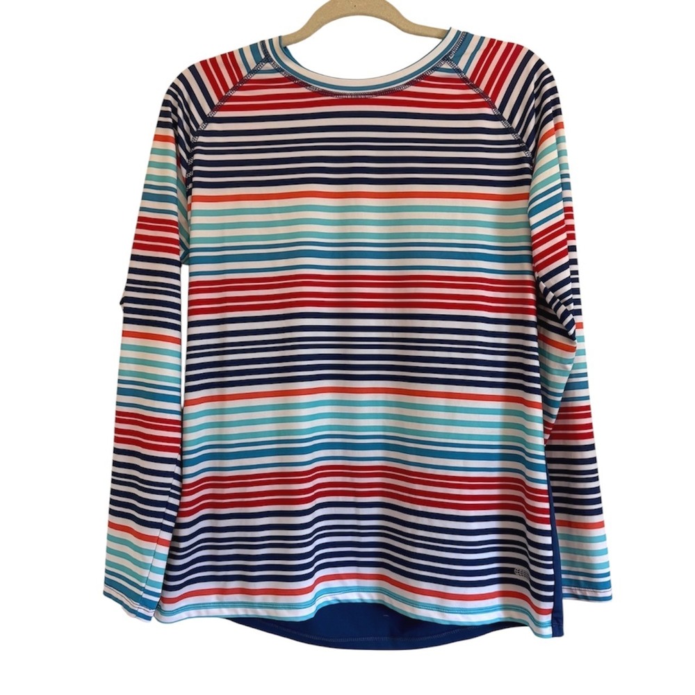 Reel Legends Keep-It-Cool Rash Guard Long Sleeve Striped Swim Shirt Navy Red L